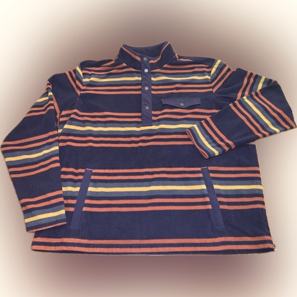 Duluth Trading Co Mens Doubleback Fleece Pullover Sweater Striped Navy Orange XL